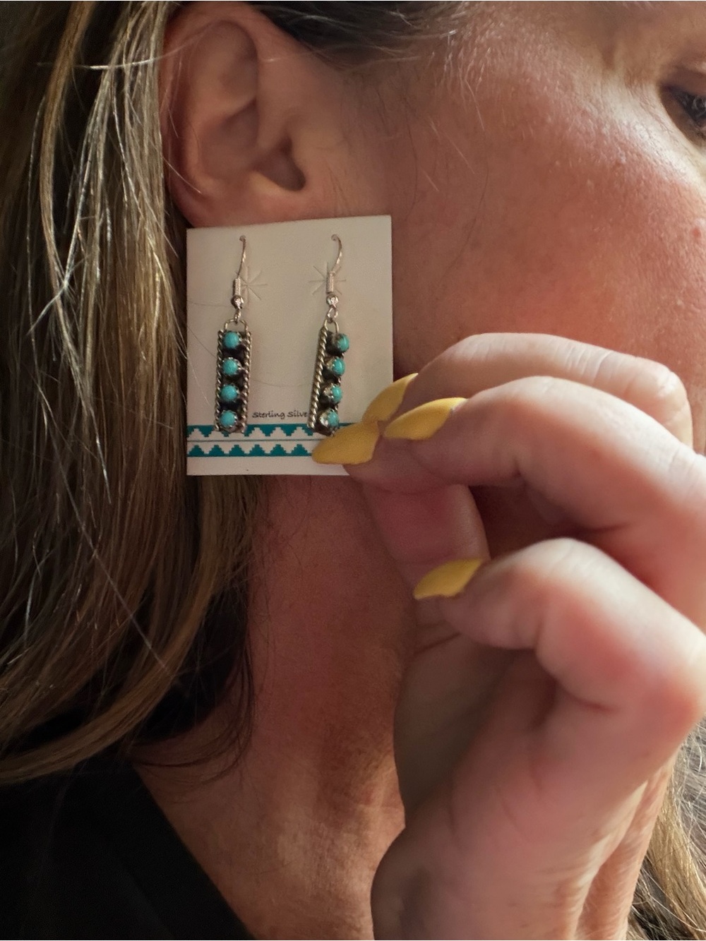 Esther White Navajo Sterling Silver Turquoise Bar Drop Earrings - Blue - Picture 5 of 6